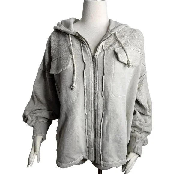 Free People Britney Cardi Jacket Hooded Sweatshirt Zip Front Oatmeal Size M NWT - Picture 2 of 10
